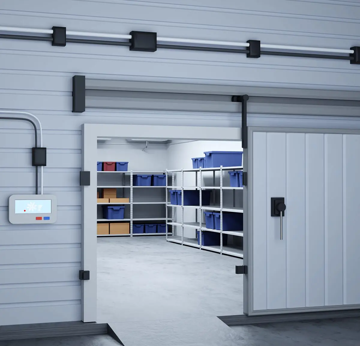Industrial freezer room interior with shelving
